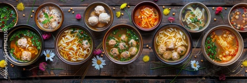 Soup Collection  Noodle  Meatballs and Chickpea Soups on a Rustic Background Top View  Various Broth