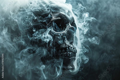 A human skull partially shrouded in a flowing, ghostly smoke against a black background, evoking mystery and mortality. #781421390