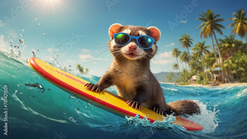 cute ferret rides on a surfboard vacation © tanya78