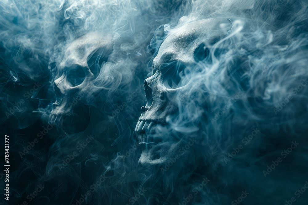 A human skull partially shrouded in a flowing, ghostly smoke against a black background, evoking mystery and mortality. A human skull partially shrouded in a flowing, ghostly smoke against a black background, evoking mystery and mortality.