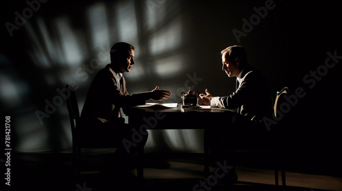 Two people talking to each other in dark room, serious talk or integration concept