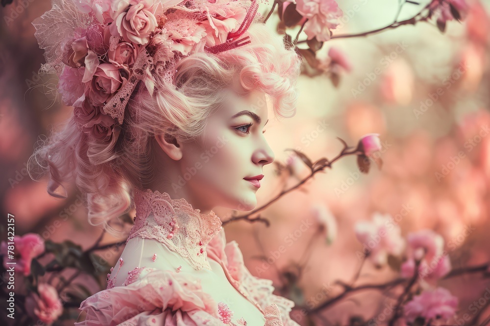 Pink Vintage Princess, Beautiful Retro Girl on Pink background, Romantic Woman in Royal Decorations