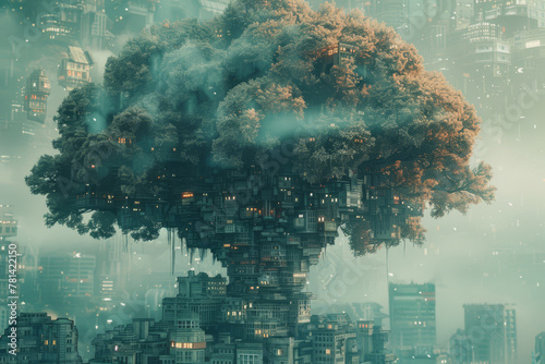 A digital artwork depicting a surreal cityscape with a floating island forest amidst urban high-rise buildings in a misty atmosphere..