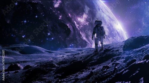 An astronaut in a spacesuit on the moon, exploring the lifeless lunar surface, surrounded by craters and endless space photo