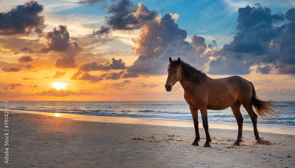 Equine Serenity: Horse Amidst Sandy Beach with Sunset Sky Equine Serenity: Horse Amidst Sandy Beach with Sunset Sky