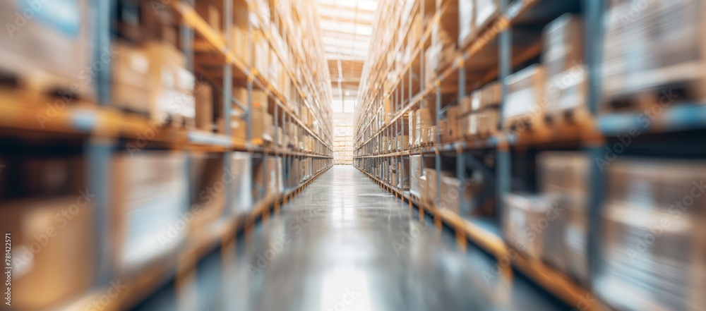 A blurred background of a warehouse with shelves filled with cardboard boxes and cargo