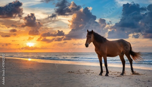 Equine Serenity: Horse Amidst Sandy Beach with Sunset Sky © Basit