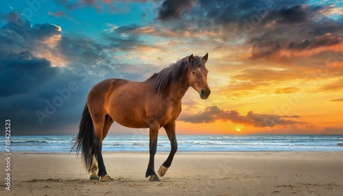 Majestic Silhouette  Brown Horse Standing on Sandy Beach at Sunset