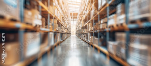 A blurred background of a warehouse with shelves filled with cardboard boxes and cargo