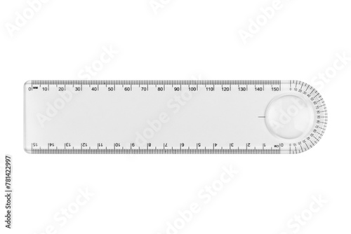 Plastic stationery ruler in centimeters and millimeters with protractor, isolated from background © Nikolay