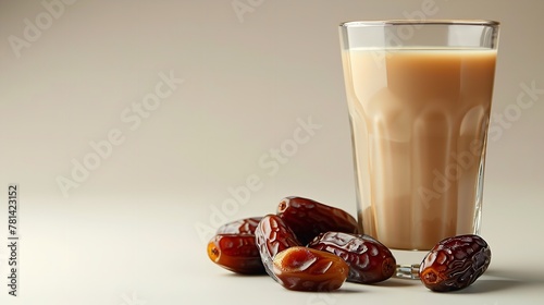 A glass of dates and milk on a studio clean beige backdrop with dates kept around of it with a big space for text or product advertisement, Generative AI.