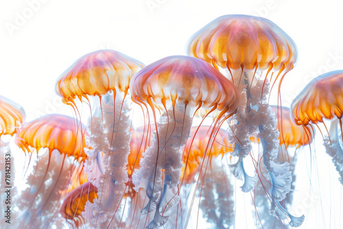 A serene cluster of jellyfish gracefully drifts in a tranquil underwater scene, with their tentacles trailing delicately in the water.