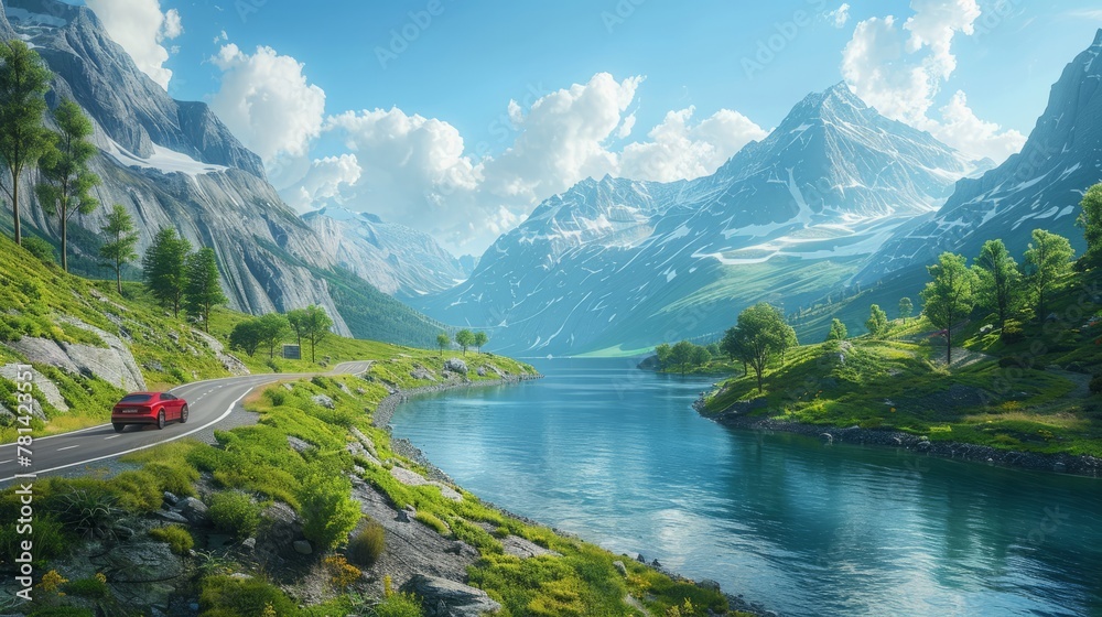 Breathtaking digital artwork of a tranquil lake with mountain backdrop and a scenic winding road on a sunny day