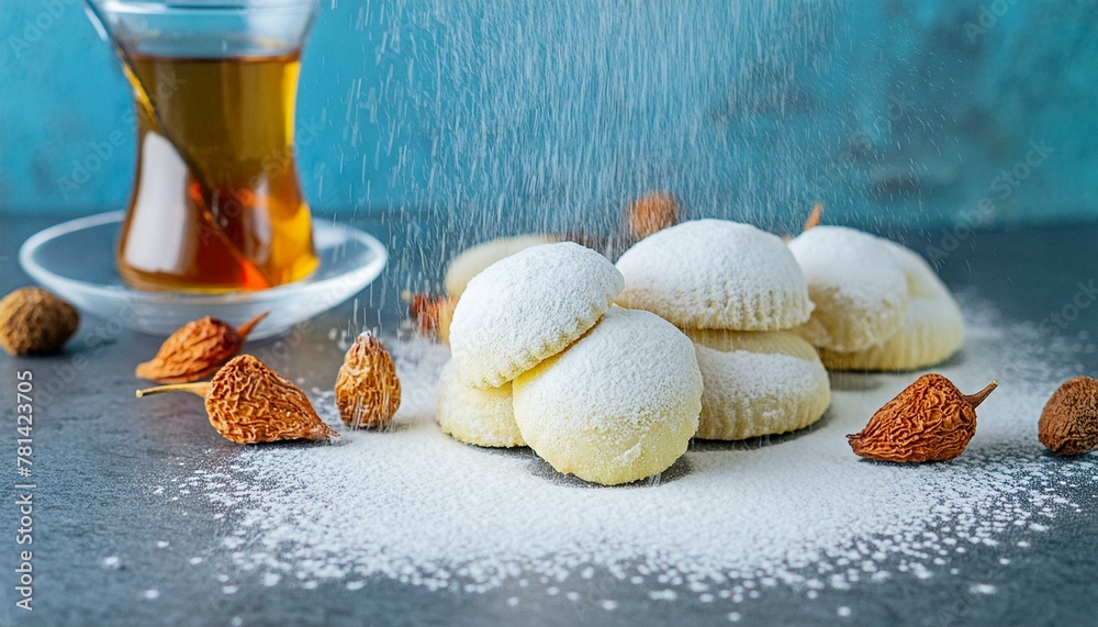 Delicate Eid Sweets with Tea- Celebratory Maamoul Cookies and Powdered Sugar on Kahk  - obrazy, fototapety, plakaty 