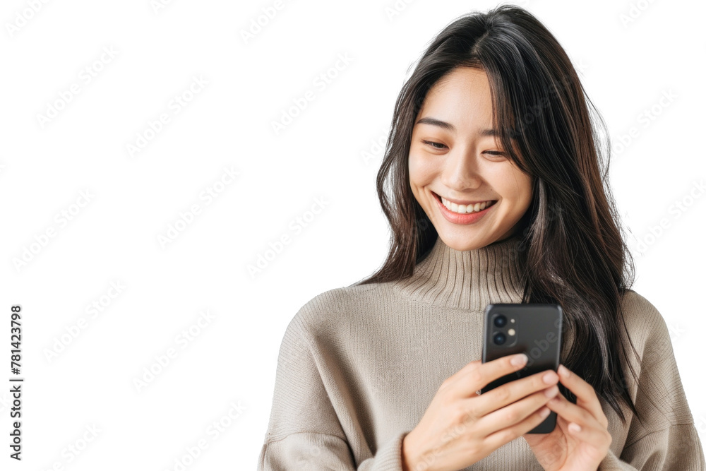 East Asian Woman Smiling with Smartphone East Asian Woman Smiling with Smartphone