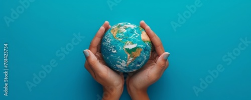 Overhead shot of hands delicately holding a painted globe, representing global care and environmental awareness on a blue background