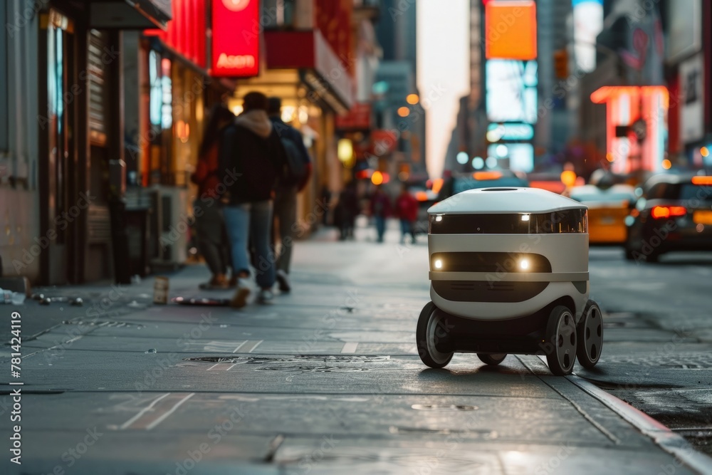 Autonomous delivery robot navigating a city street. soft focus,defocus