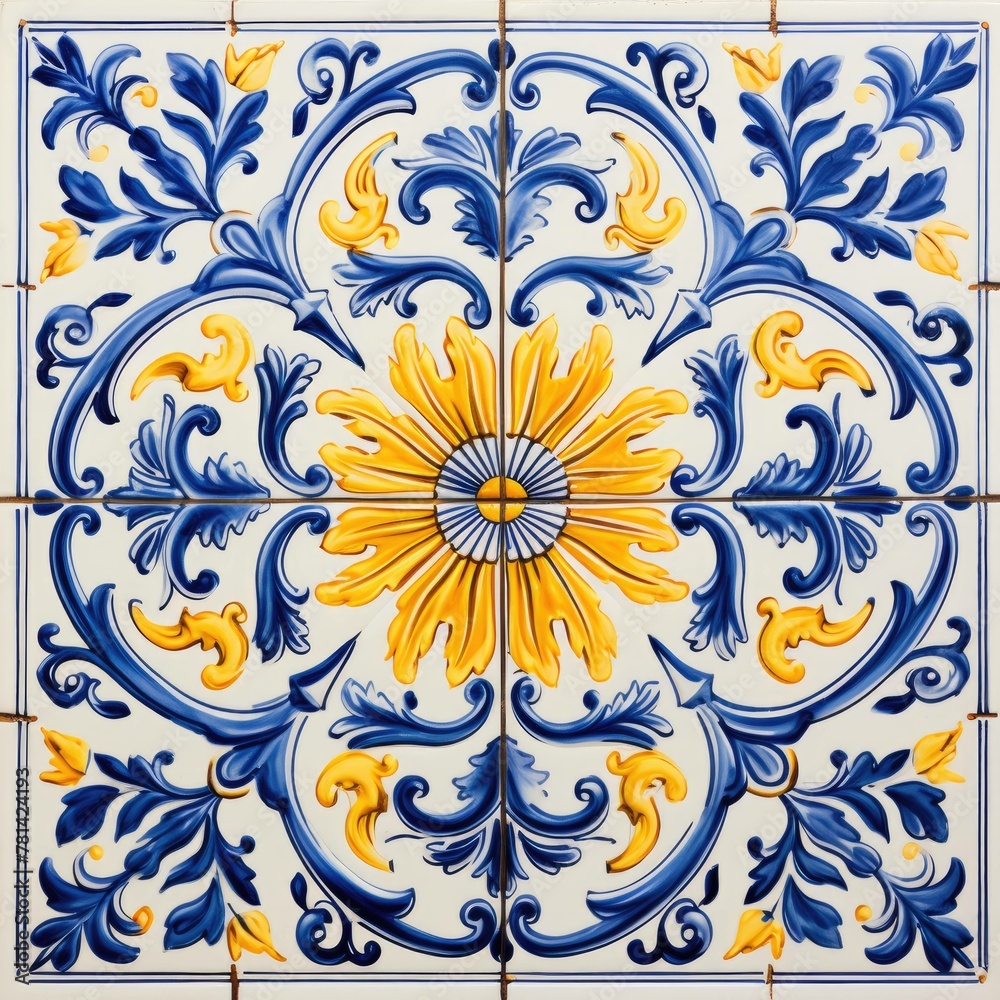 Authentic Portuguese Azulejos Tiles with Vivid Cobalt Blue, Sun-Kissed Yellow, and Pure White Botanical Motifs