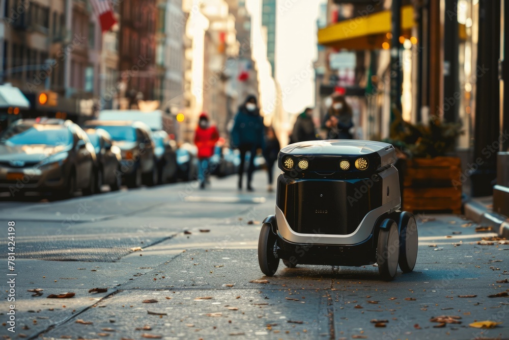 Autonomous delivery robot navigating a city street. soft focus,defocus Autonomous delivery robot navigating a city street. soft focus,defocus