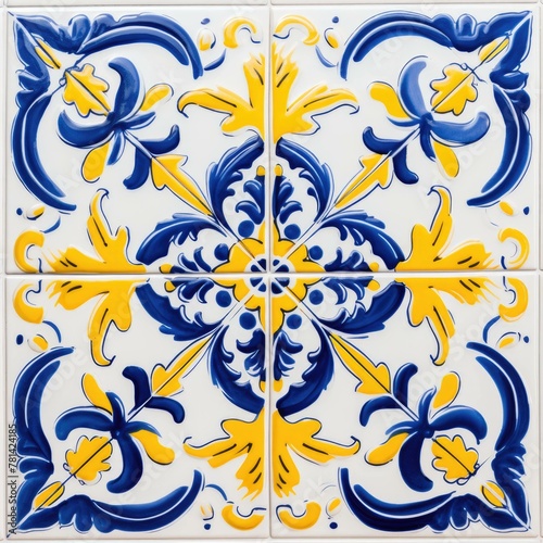 Authentic Portuguese Azulejos Tiles with Vivid Cobalt Blue  Sun-Kissed Yellow  and Pure White Botanical Motifs