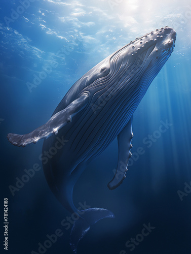  Majestic blue whale ascending gracefully in the deep ocean, with light filtering from above.