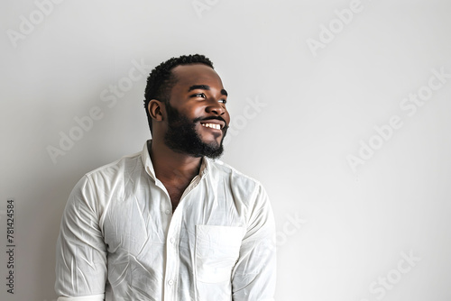 smile black man in family tone. Happy black male in everyday wear on white background.