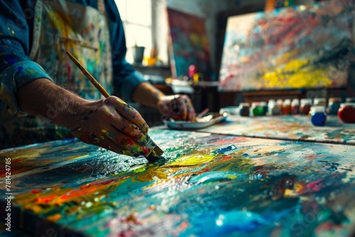 Artist s hand painting on canvas  colorful creativity in action  art studio background. soft focus defocus