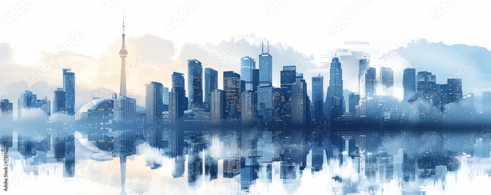 a transparent background with a city skyline on the left side of it