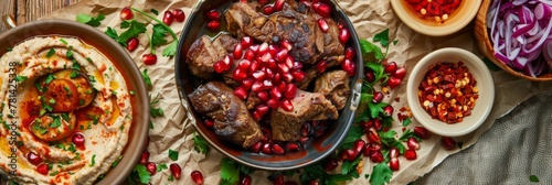 Asian Lunch with Fried Lamb Tongues, Pomegranate Seeds, Pickled Cabbage, Eggplant Hummus