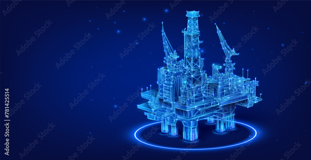 Luminous Offshore Oil Rig: Energy Industry's Future. Futuristic 3D render of an offshore oil platform with radiant blue lights, symbolizing advanced energy extraction. Gas platform. Oil rig. Vector - obrazy, fototapety, plakaty 
