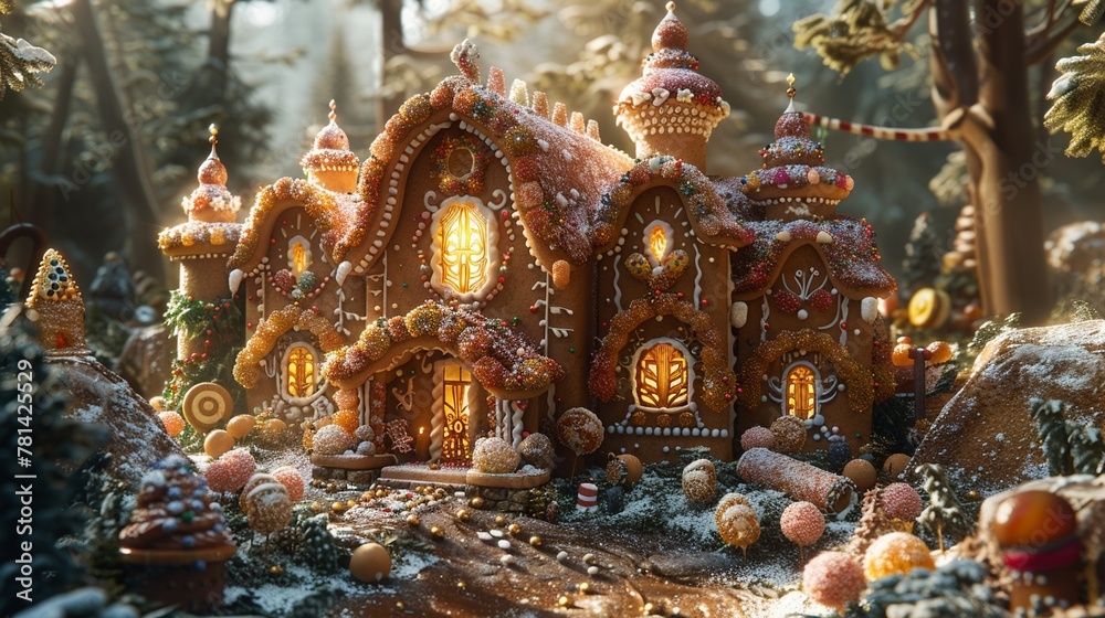Fototapeta premium A 3D-rendered ancient temple made of gingerbread adorned with icing and candy jewels