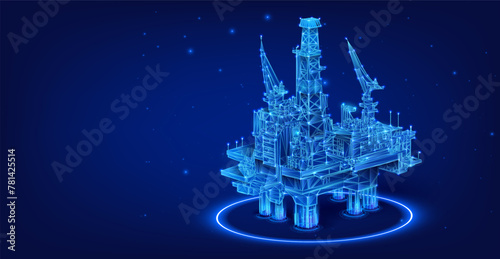 Luminous Offshore Oil Rig: Energy Industry's Future. Futuristic 3D render of an offshore oil platform with radiant blue lights, symbolizing advanced energy extraction. Gas platform. Oil rig. Vector © ZinetroN
