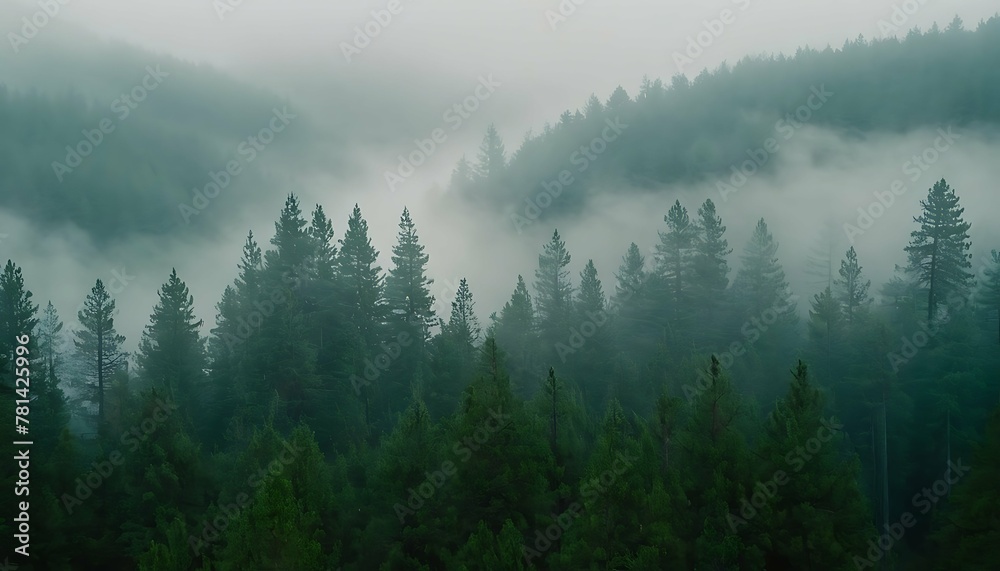 Dreamy valley landscape, a vast evergreen forest bathed in soft morning light. Layers of translucent mist create a sense of depth and tranquility. Bird's eye view