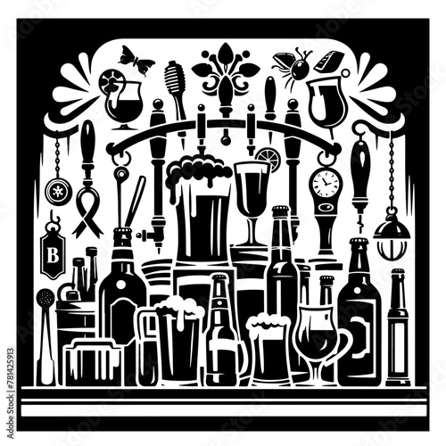 Cartoon Black and White Isolated Illustration Vector Of An English Pub Beer Bar