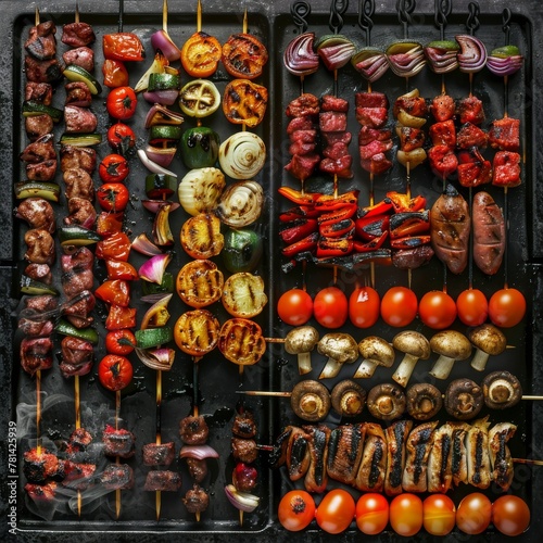 Grilled Lule Kebab, Barbecue Vegetables, Fish on Grill Big Set, Skewered Bbq Minced Meat Mix photo