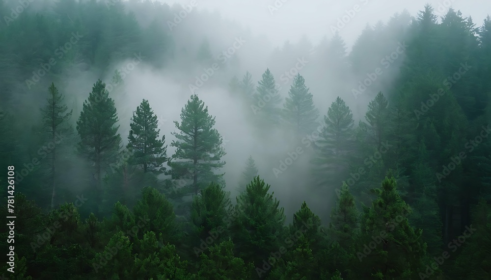 Mystical landscape of rolling hills covered in a thick pine forest. Wispy fog hangs low in the valleys, creating a sense of mystery. Bird's perspective