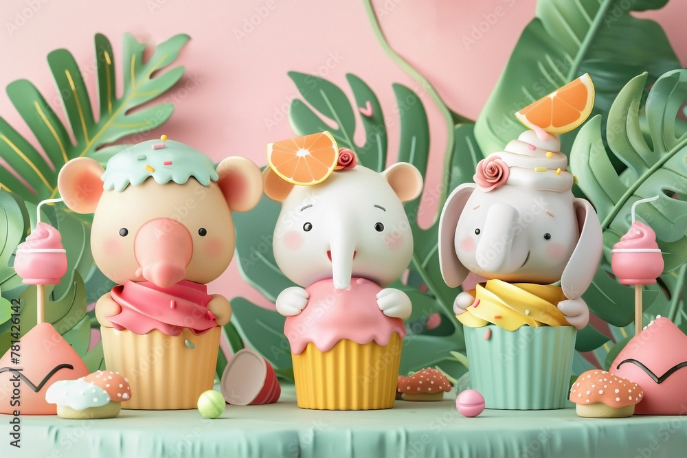 Cute animals in whimsical costumes enjoying a summer ice cream party under the shade of palm trees, joyful, refreshing Cute animals in whimsical costumes enjoying a summer ice cream party under the shade of palm trees, joyful, refreshing