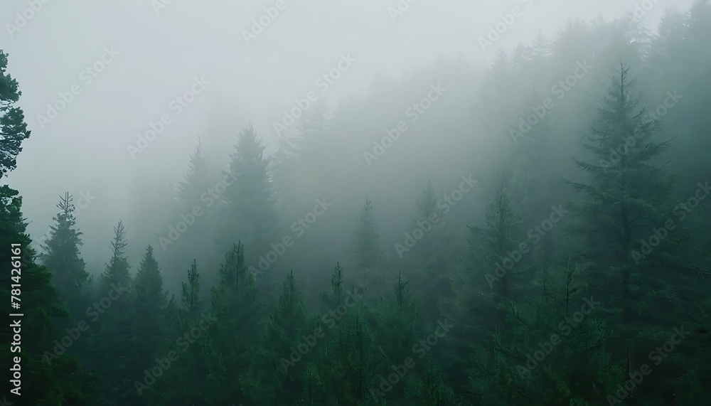 Misty mountain landscape with a dense fir forest viewed from a high altitude, Panoramic scene