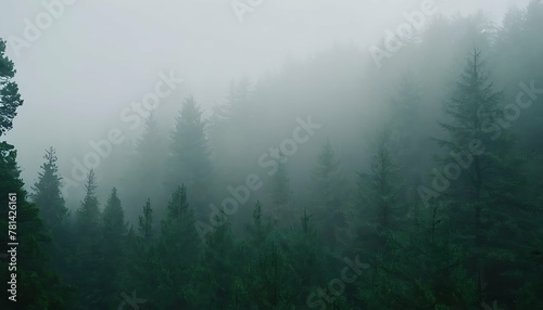 Misty mountain landscape with a dense fir forest viewed from a high altitude, Panoramic scene © nocstic