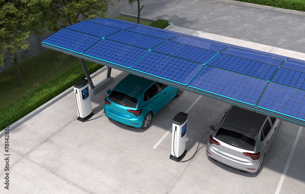 Obraz premium Electric cars are being charged in vehicle parking with solar panel energy, EV Charging Station, Clean energy filling technology. 3D illustration