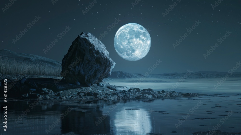 beautiful full moon seen from an island lake in high resolution