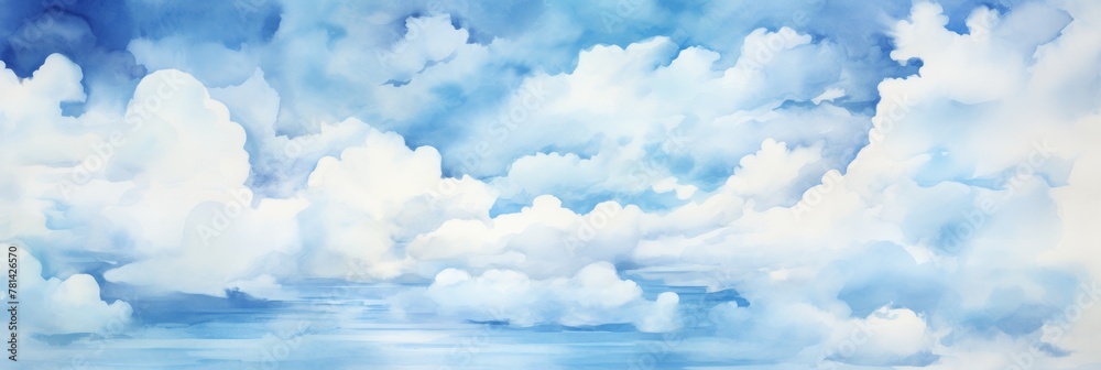 Blue Sky With Fluffy Clouds In Watercolor Style. Peaceful Sky Landscape. Cloudscape Background. Generative AI