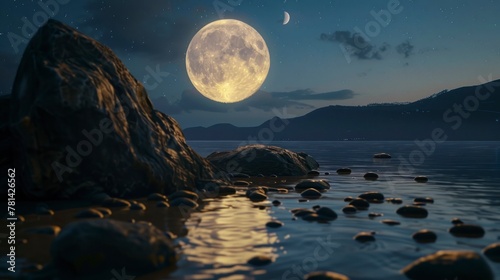 beautiful full moon seen from a lake on an island in high resolution and high quality HD