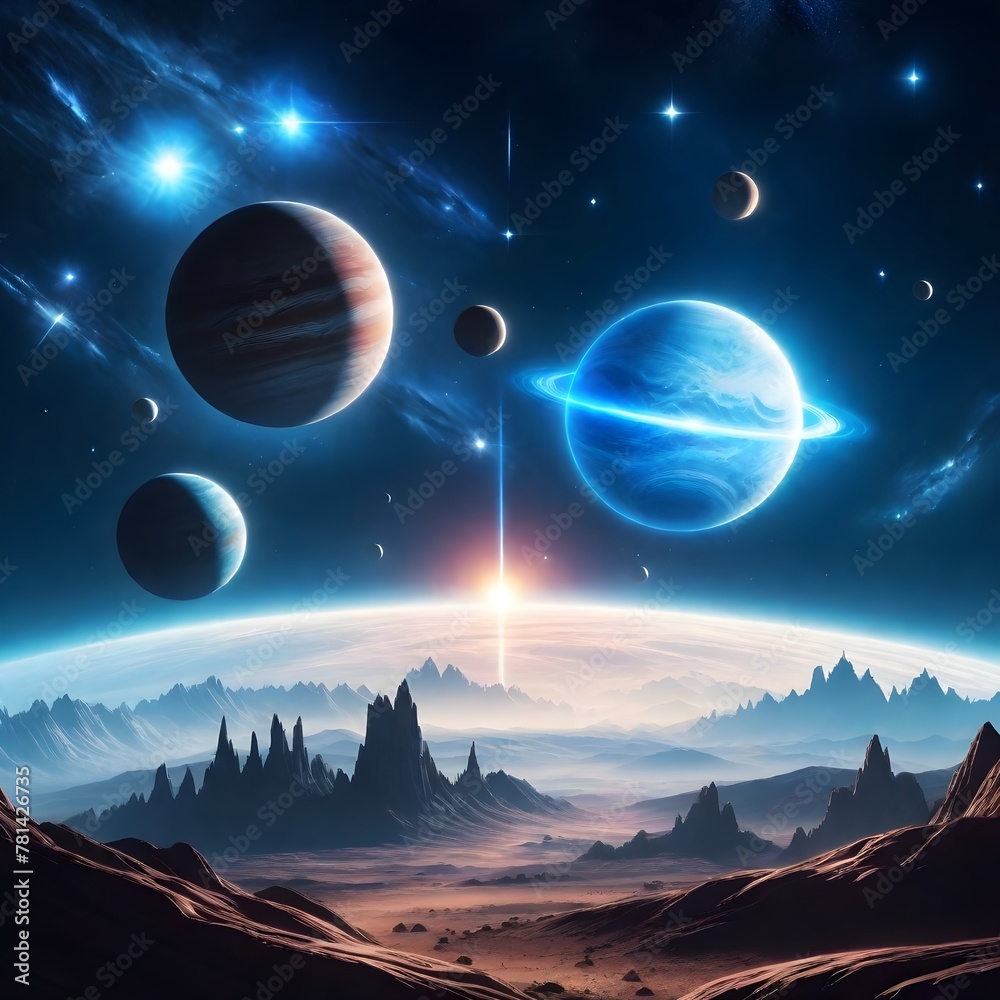 Fototapeta premium A sci-fi landscape with multiple planets of varying sizes in the sky, a star on the horizon