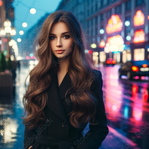 A light-skinned woman with flowing hair glows amidst the city lights  her gaze alluring and confident  wrapped in a warm coat against the urban night.