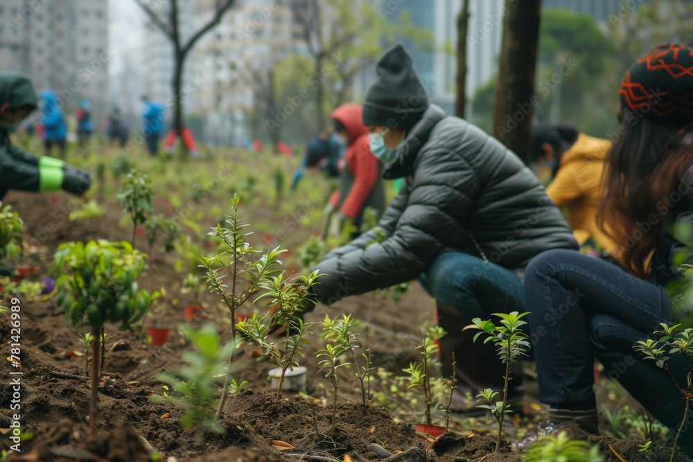 Event focused on planting urban forests as natural countermeasure against PM 2.5, Volunteers in casual attire plant greenery in public park, contributing to urban reforestation, on overcast day. Event focused on planting urban forests as natural countermeasure against PM 2.5, Volunteers in casual attire plant greenery in public park, contributing to urban reforestation, on overcast day.