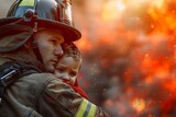 Heroic firefighter carrying a person to safety, Firefighter cradles young child, both with solemn expressions, against backdrop of intense flames.