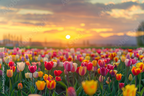 Vibrant Tulip Field Aglow with Sunset Light  Beautiful Floral Landscape  Nature s Harmony in Pink  Yellow  and Red Hues