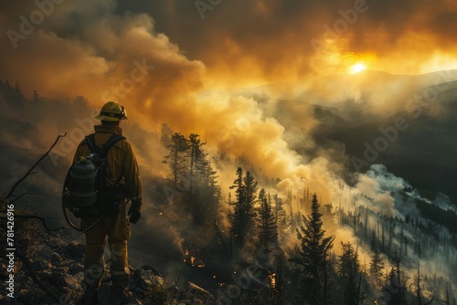 Highlighting the majestic and perilous nature of firefighting in national parks, Firefighter stands overlooking vast forest fire, smoke billows as sun sets behind mountains, 