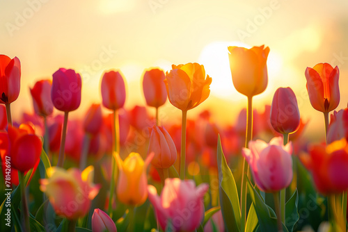 Vibrant Tulip Field Aglow with Sunset Light  Beautiful Floral Landscape  Nature s Harmony in Pink  Yellow  and Red Hues